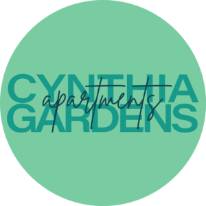 A teal circle with the words "Cynthia Gardens" in bold capital letters and "apartments" in a handwritten script overlaying the text.