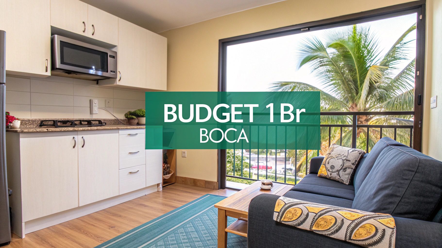 A cozy living area with a sofa, coffee table, and kitchen, next to a sliding glass door that opens to a balcony with tropical palm trees. Text overlay reads: "BUDGET 1Br BOCA.