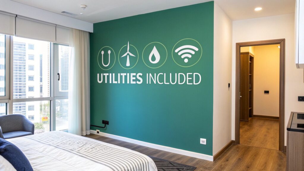 A modern bedroom with a green accent wall showing icons for electricity, wind, water, and Wi-Fi above the words “UTILITIES INCLUDED.” Large windows let in natural light and a hallway leads to a walk-in closet.