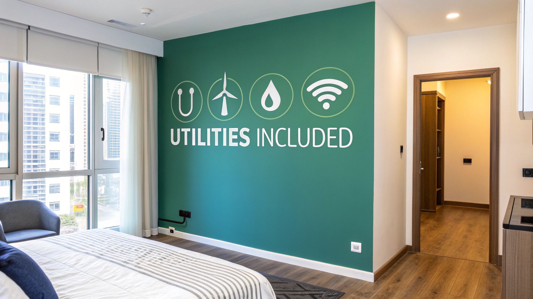A modern bedroom with a green accent wall showing icons for electricity, wind, water, and Wi-Fi above the words “UTILITIES INCLUDED.” Large windows let in natural light and a hallway leads to a walk-in closet.