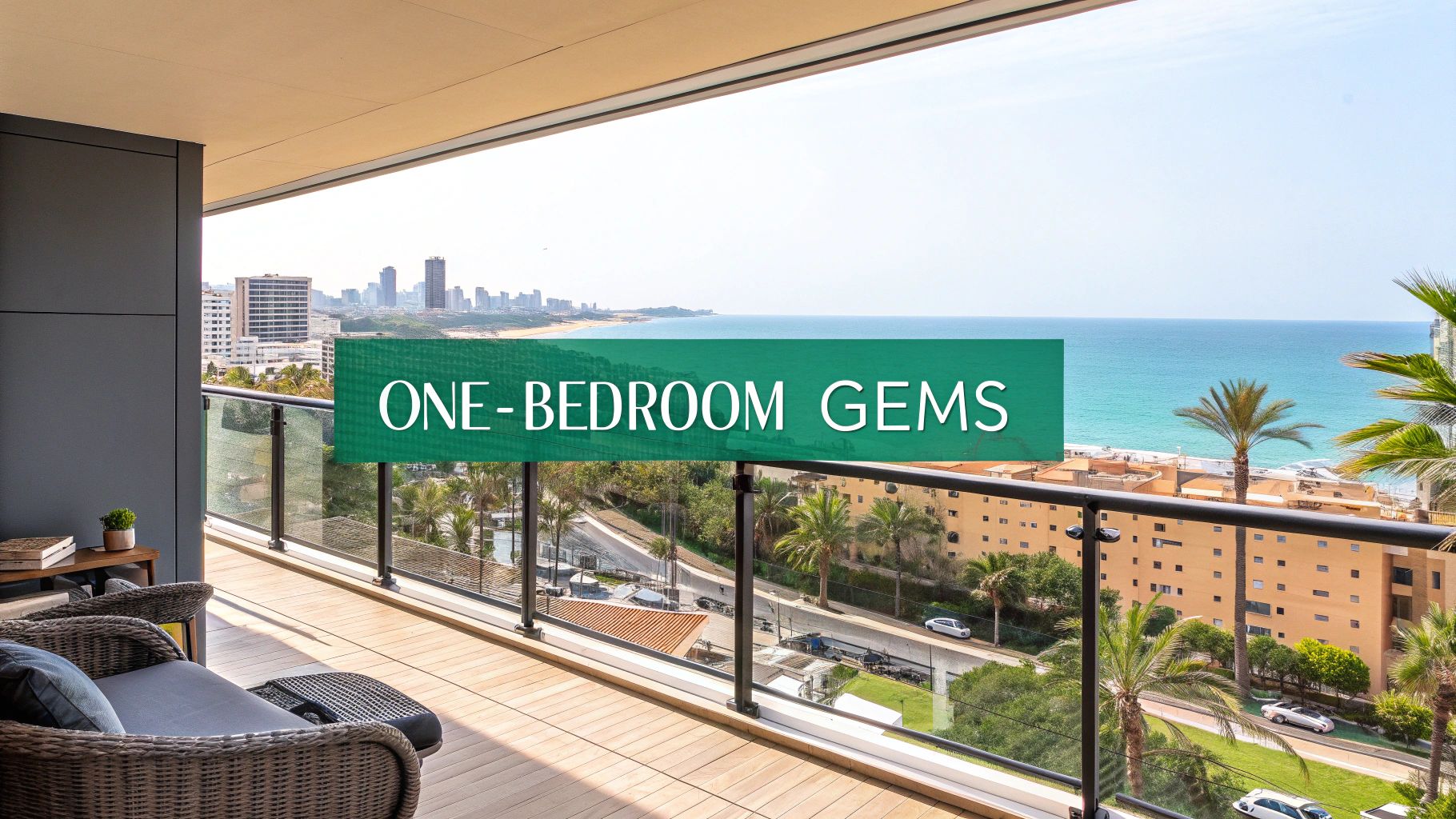 A modern balcony with seating overlooks a coastal city and ocean. Large text on the image reads "ONE-BEDROOM GEMS." The view features high-rise buildings, palm trees, and a sandy beach.