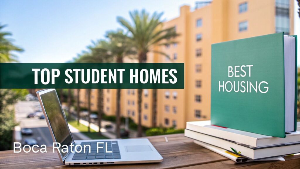 A laptop and books sit on a wooden table outdoors with palm trees and a yellow apartment building in the background. Text reads: "Top Student Homes," "Best Housing," and "Boca Raton FL.