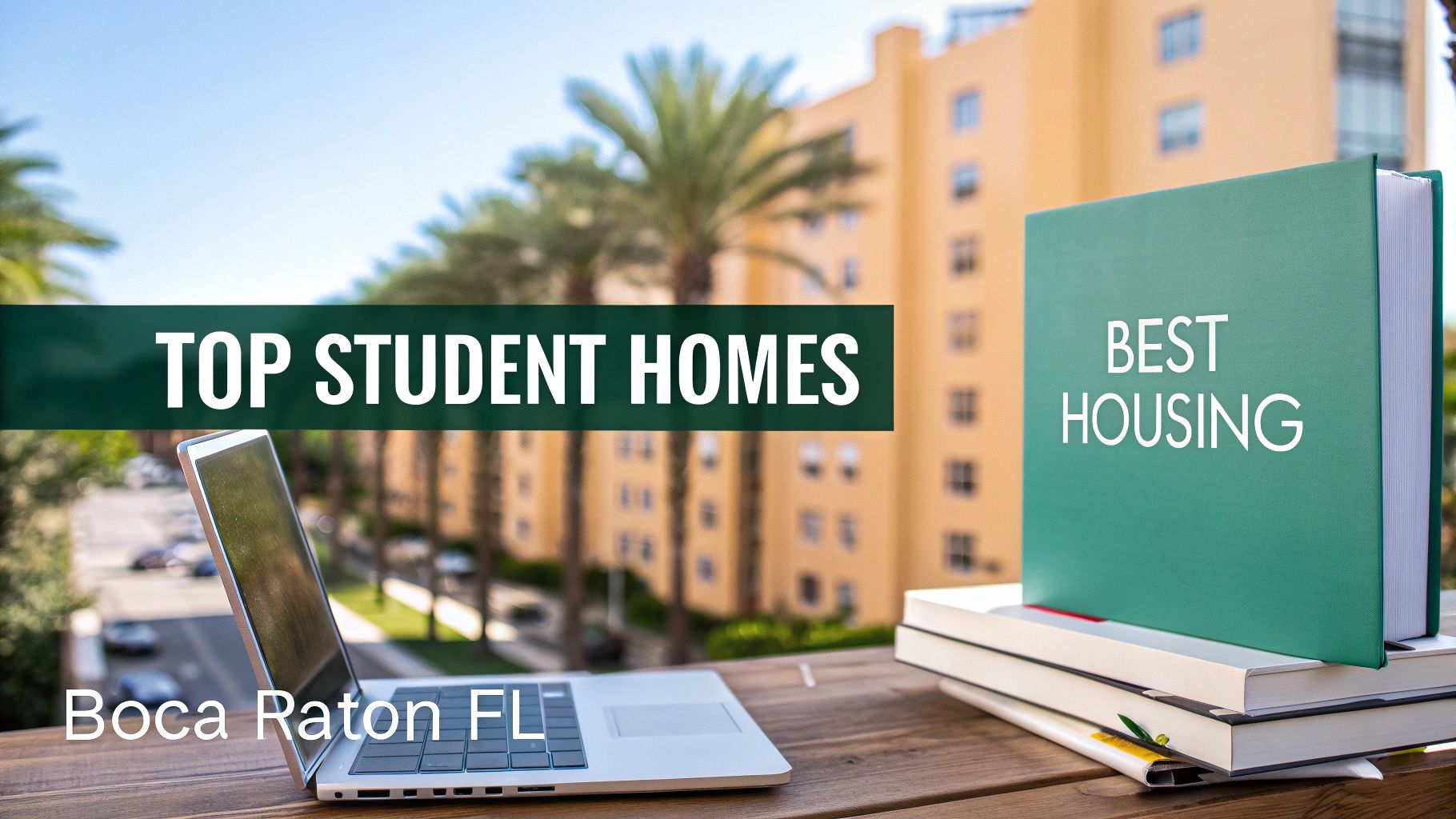 A laptop and books sit on a wooden table outdoors with palm trees and a yellow apartment building in the background. Text reads: "Top Student Homes," "Best Housing," and "Boca Raton FL.