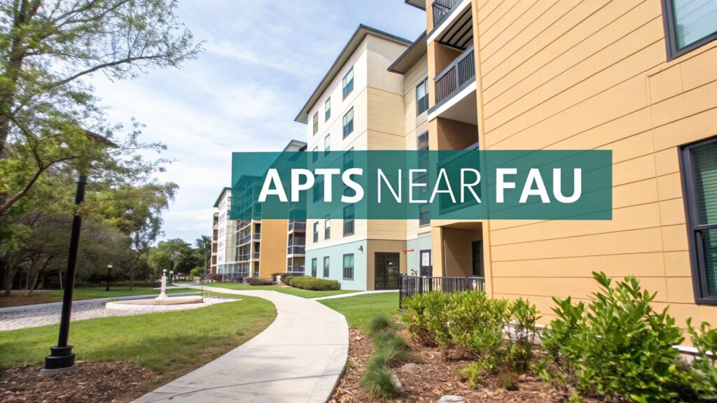 Yellow apartment buildings with balconies and large windows line a curved sidewalk, surrounded by grass and trees. Overlay text reads "APTS NEAR FAU." Bright, sunny day.