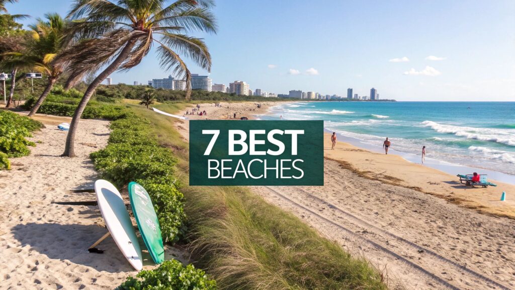 Sunny beach with palm trees, surfboards in the sand, people relaxing and walking along the shoreline, with ocean waves and city buildings in the background. Text overlay reads "7 Best Beaches.
