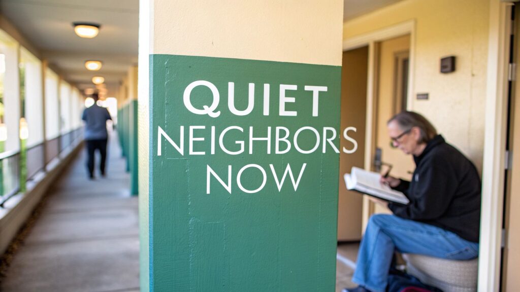 A green and white pillar in an apartment hallway displays the words "QUIET NEIGHBORS NOW." A person sits nearby reading or writing, while another person walks away in the corridor.