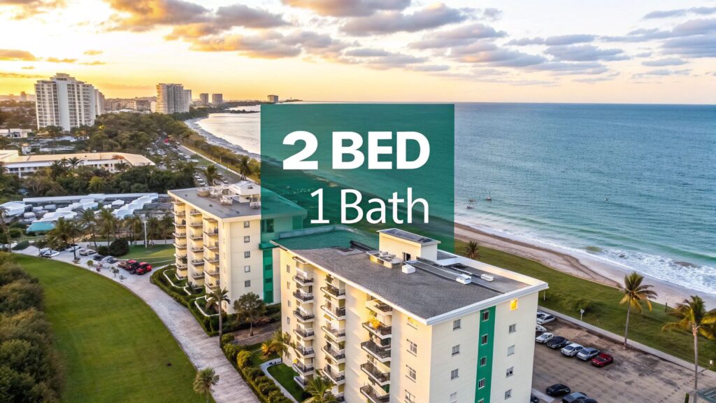 Aerial view of beachfront apartment buildings at sunset, with a text overlay reading "2 Bed, 1 Bath" in large white letters. The ocean, beach, and other high-rises are visible in the background.