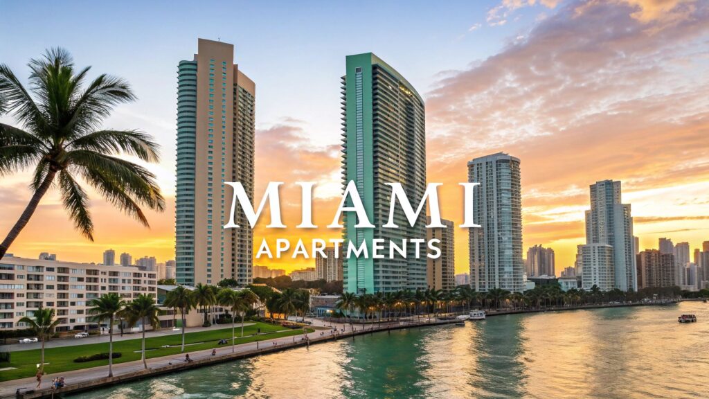 Sunset view of tall modern apartment buildings by the waterfront in Miami, with palm trees and a calm canal in the foreground. The text "MIAMI APARTMENTS" appears over the image.