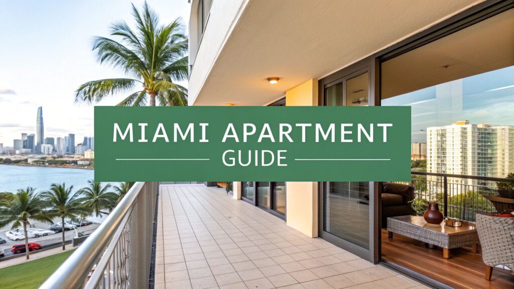 Sunny balcony view of modern Miami apartment with city skyline, palm trees, and water in the background. Green text overlay reads “Miami Apartment Guide.”.