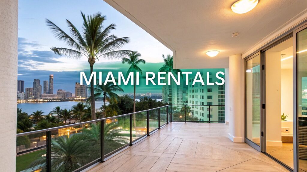 Spacious balcony of a modern apartment overlooking palm trees, water, and Miami skyline at sunset, with the text "MIAMI RENTALS" across the image.