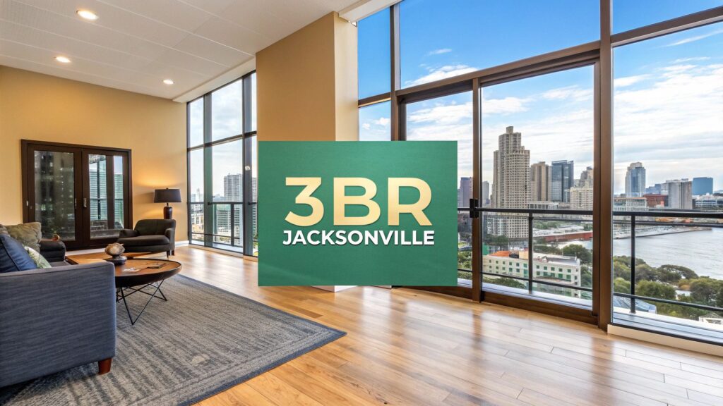 Modern, spacious apartment living room with floor-to-ceiling windows overlooking a city skyline and river. A green sign in the center reads "3BR Jacksonville.