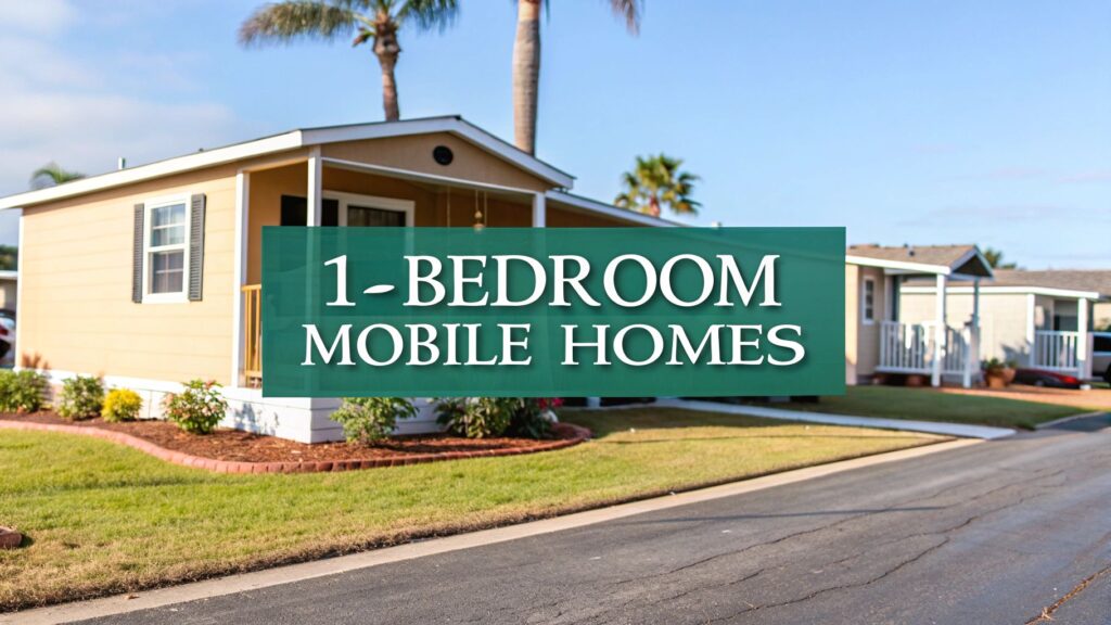 A row of modern, single-story mobile homes with well-kept lawns and palm trees; a large sign in front reads “1-BEDROOM MOBILE HOMES.”.