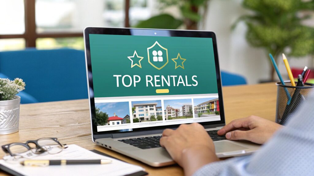 A person types on a laptop displaying a website titled "Top Rentals" with building images below. The scene includes a notebook, pen, phone, and a plant on a wooden desk.