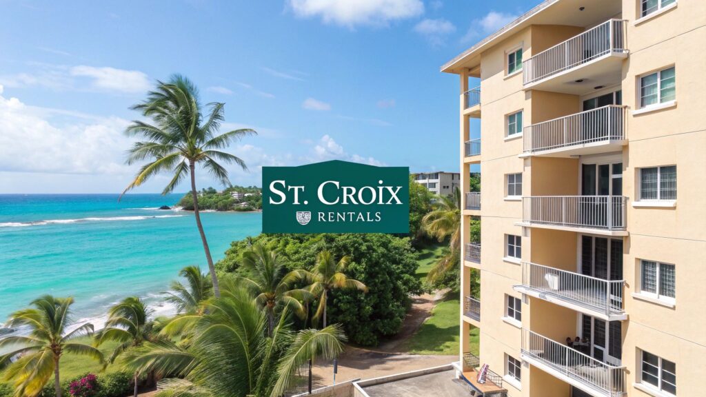 A beige beachfront apartment building with balconies overlooks turquoise ocean water and palm trees. The sky is blue with a few clouds. A green sign in the center reads “St. Croix Rentals.”.