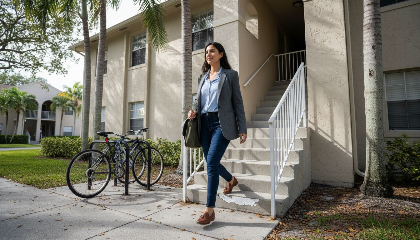 A woman in a blazer and jeans walks down the steps of a one-bedroom apartment building, carrying a bag. Two bicycles are parked nearby, and palm trees line the sidewalk on a sunny day—just one reason why choose one-bedroom apartments.
