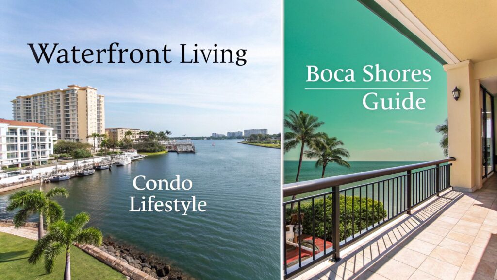 Split image: Left side shows waterfront condos and palm trees beside a calm waterway with text "Waterfront Living Condo Lifestyle." Right side shows a balcony overlooking the ocean with "Boca Shores Guide" text.