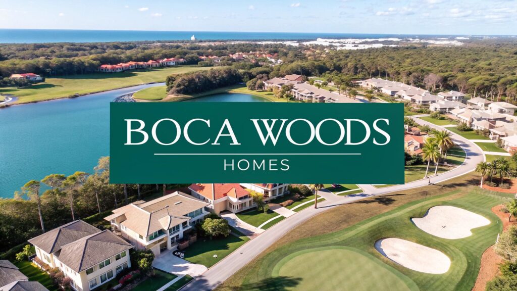 Aerial view of a golf course surrounded by upscale homes, a lake, and lush greenery under a blue sky. Text overlay reads "Boca Woods Homes.
