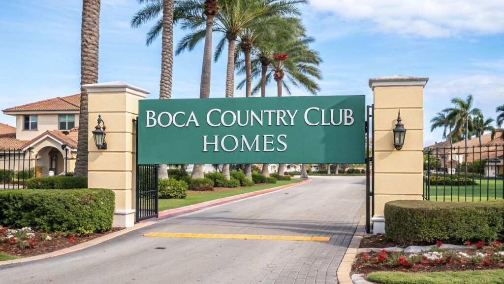 Entrance to Boca Country Club Homes with a large green sign between two columns, gated road, palm trees, manicured bushes, and houses in the background under a partly cloudy sky.