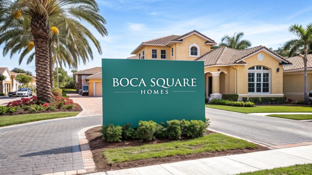 Large green sign reading "Boca Square Homes" stands at the entrance of a residential community, featuring palm trees, manicured lawns, and tan houses with tile roofs under a blue sky.