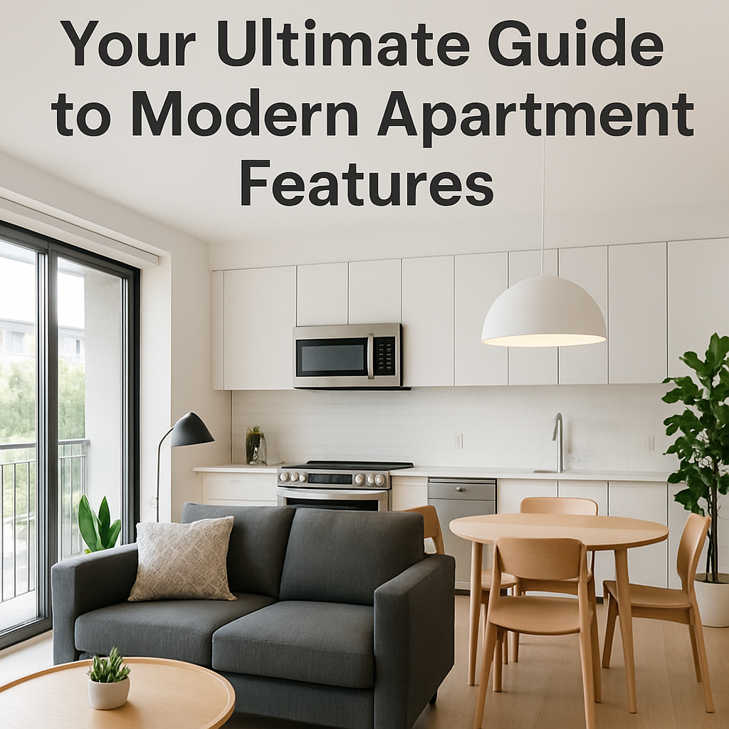 A modern apartment living area with a gray sofa, round wooden dining table, white cabinets, built-in appliances, large window with a balcony, and the text "Your Ultimate Guide to Modern Apartment Features" above.