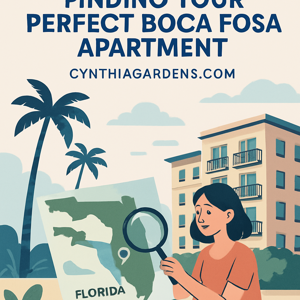 Illustration of a woman holding a magnifying glass over a map of Florida, with palm trees and an apartment building in the background. Text reads: "Finding your perfect Boca Fosa apartment" and "cynthiagardens.com".