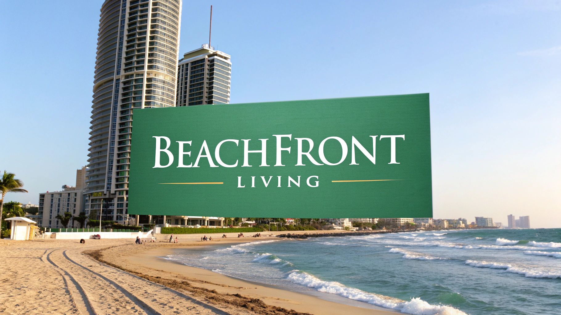 A sandy beach with gentle waves and high-rise buildings in the background, featuring a large green sign that reads "BEACHFRONT LIVING" in white letters.