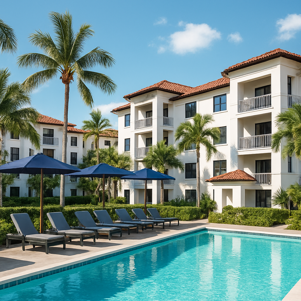 A modern apartment complex with white buildings and red-tiled roofs surrounds a swimming pool lined with lounge chairs and blue umbrellas, set among palm trees under a sunny sky.