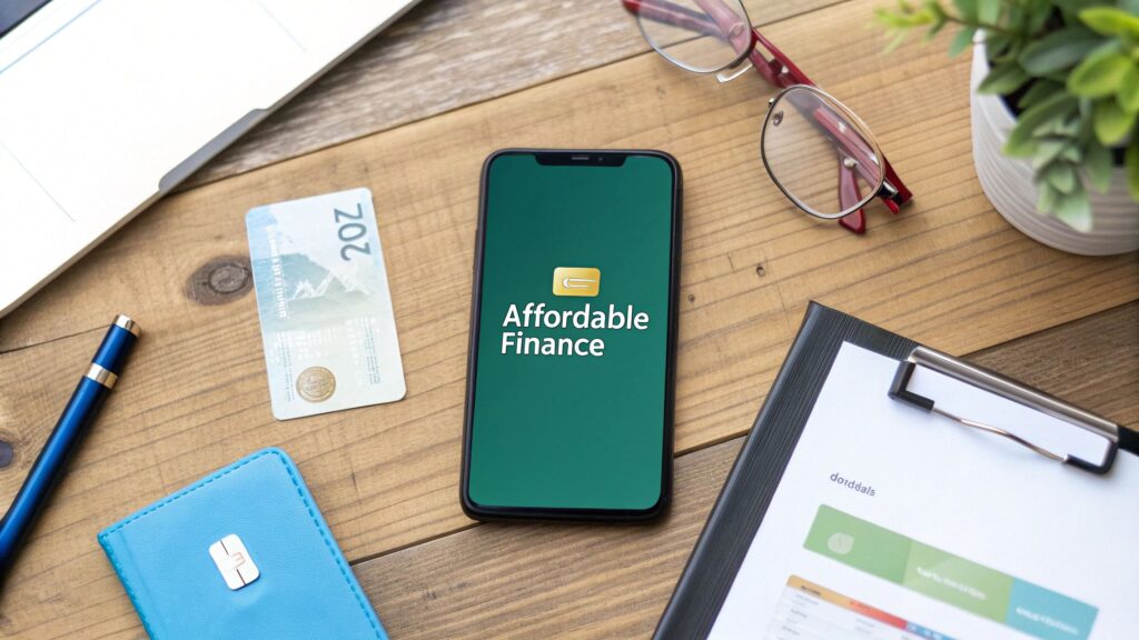 A smartphone displaying "Affordable Finance" on its screen sits on a wooden desk with a credit card, eyeglasses, a pen, a wallet, a potted plant, and financial documents.