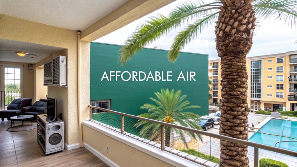 A modern balcony with a palm tree, view of a swimming pool, and neighboring apartment buildings. The words "AFFORDABLE AIR" are displayed on a large green wall in the background.