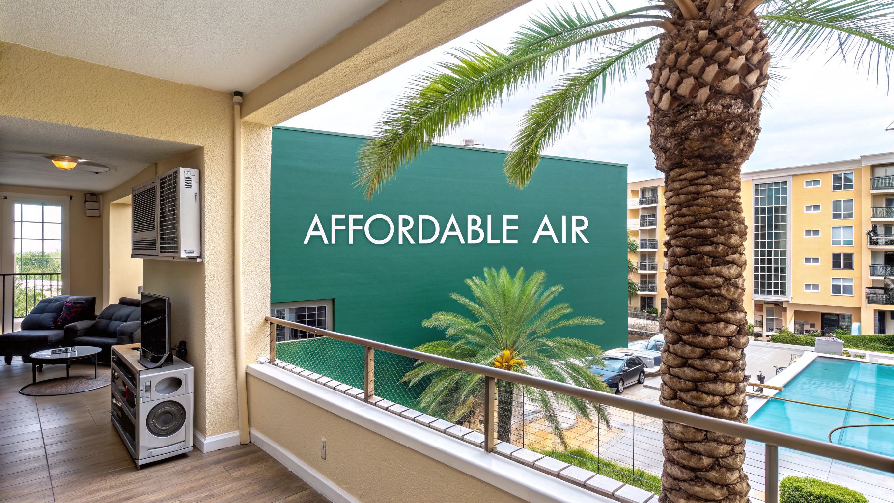 A modern balcony with a palm tree, view of a swimming pool, and neighboring apartment buildings. The words "AFFORDABLE AIR" are displayed on a large green wall in the background.