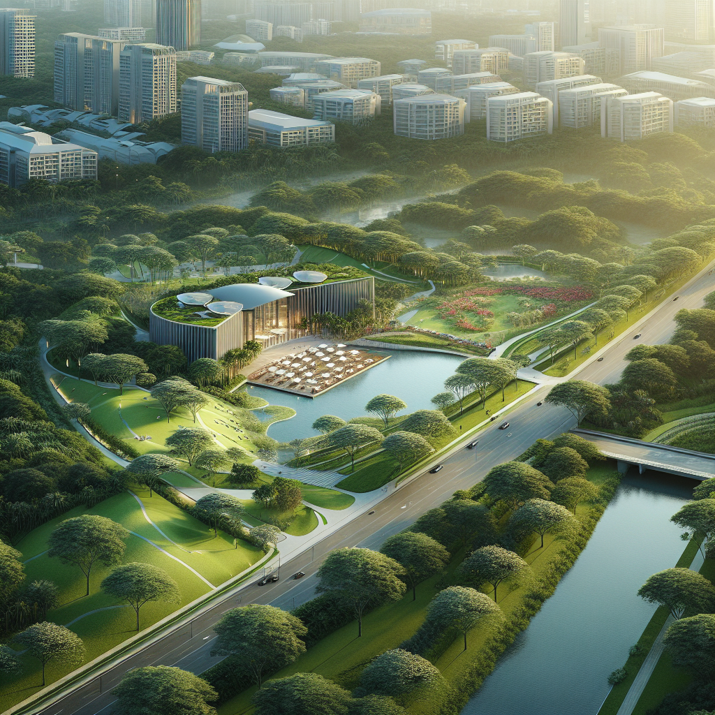 A modern building with a rooftop garden sits beside a pond and landscaped park area, surrounded by lush greenery, near a road and a canal, with city buildings in the background.