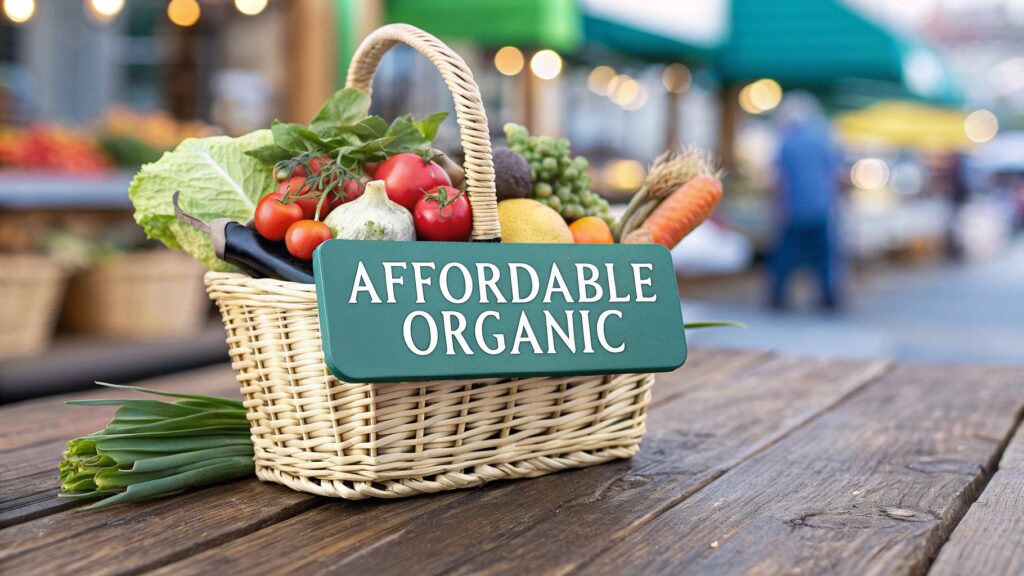 A wicker basket filled with fresh vegetables and greens sits on a wooden table. A green sign on the basket reads "Affordable Organic." The background shows an outdoor market scene with blurred stalls and people.