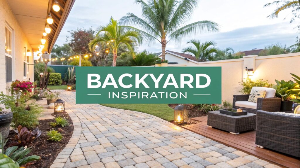 A stylish backyard with string lights, patio furniture, tropical plants, pavers, and lanterns at dusk. A green sign in the center reads "Backyard Inspiration.
