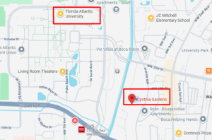 A map highlighting Florida Atlantic University at the top left and Cynthia Gardens—offering Boca Raton apartments—at the center right, with nearby landmarks including JC Mitchell Elementary School, CVS, and Domino’s Pizza.