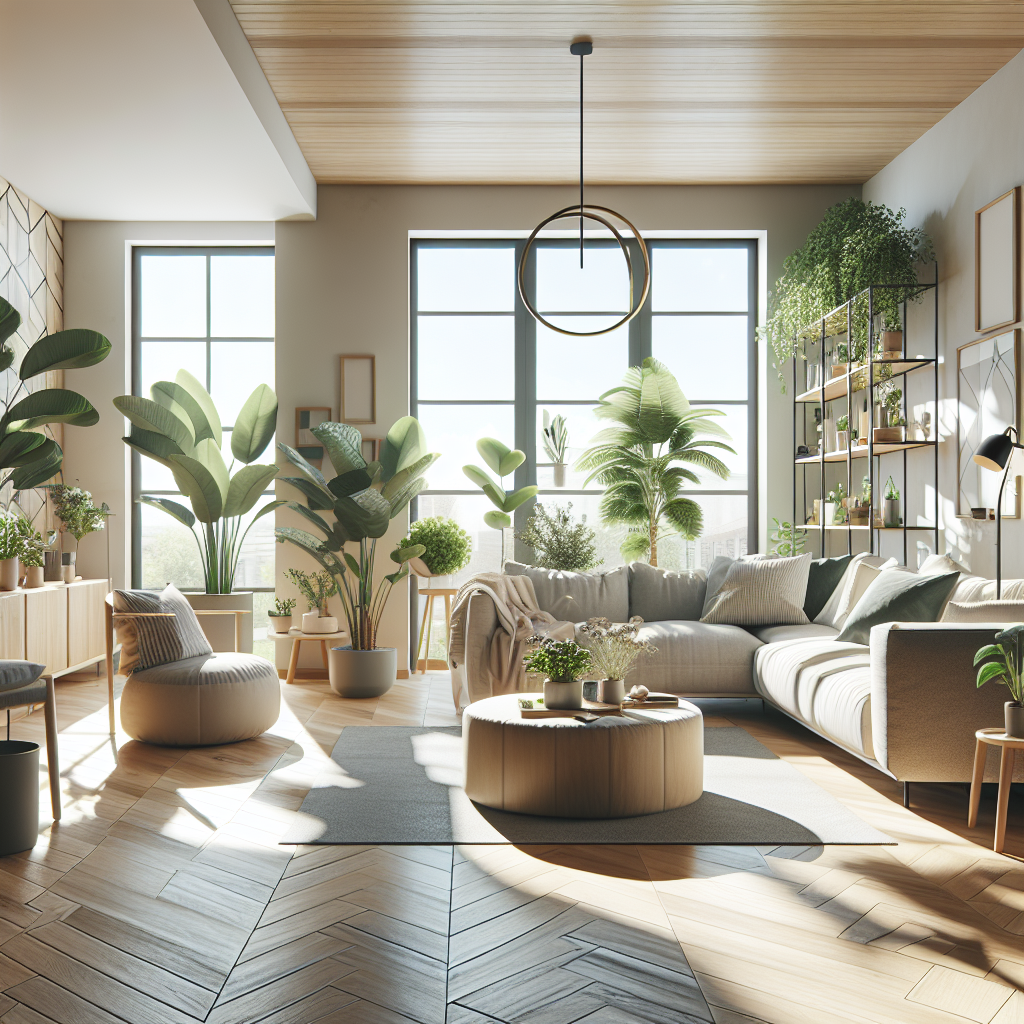 A bright, modern living room filled with lush green plants, large windows letting in sunlight, neutral-colored furniture, a round coffee table, and wooden flooring. The space feels airy and inviting.