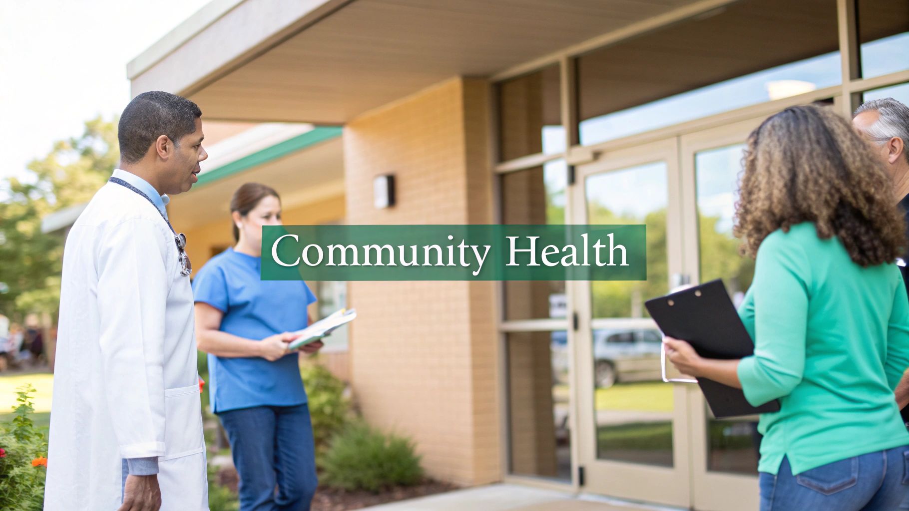A doctor and nurse talk with two people holding clipboards outside a modern building. The text "Community Health" appears across the center of the image.