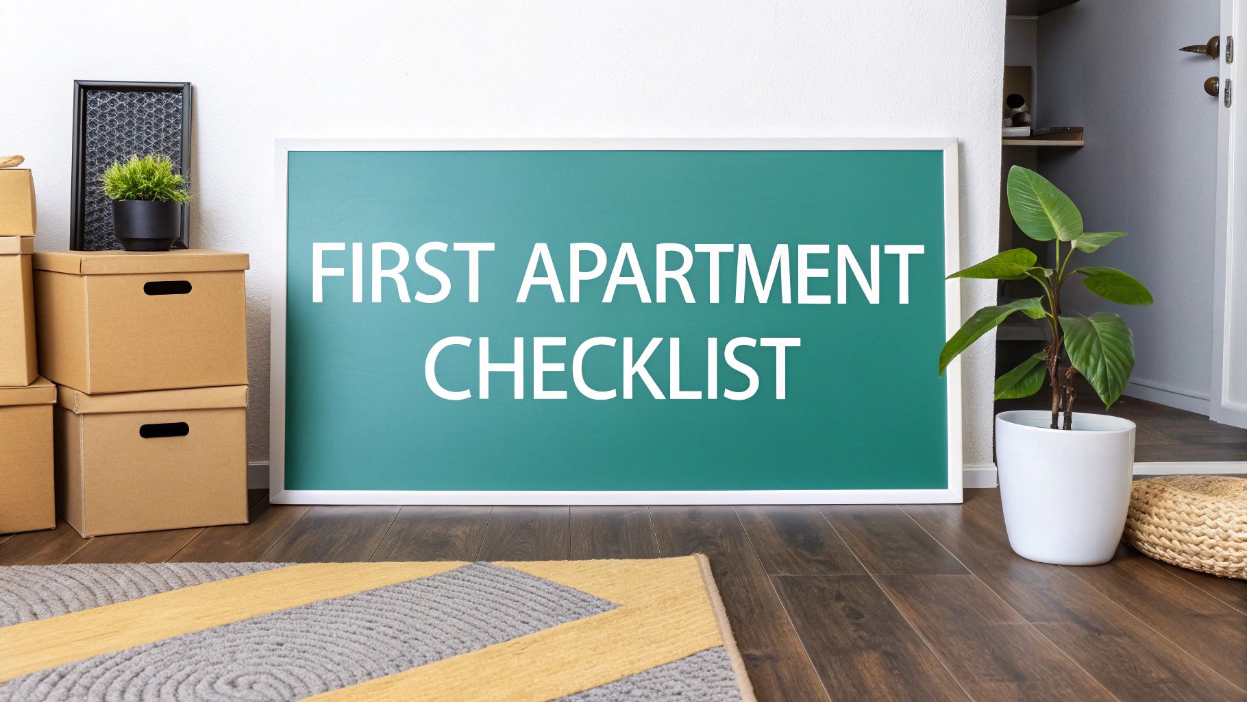 A large sign reading "First Apartment Checklist" leans against a wall, surrounded by moving boxes, a potted plant, and home decor in a cozy, modern apartment setting.