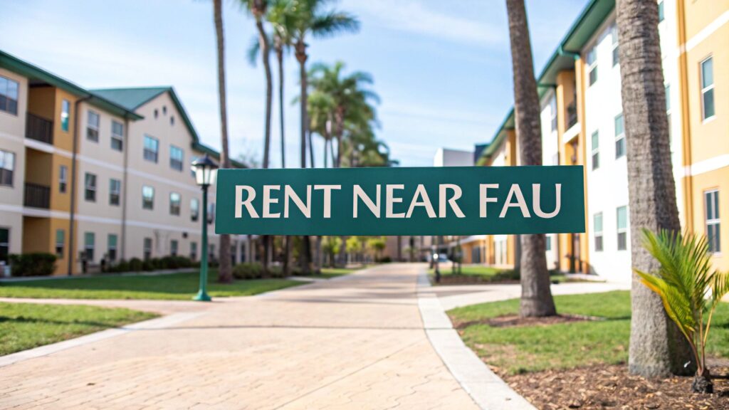 Pathway between palm trees and modern apartment buildings with a green sign in the center that reads "RENT NEAR FAU".