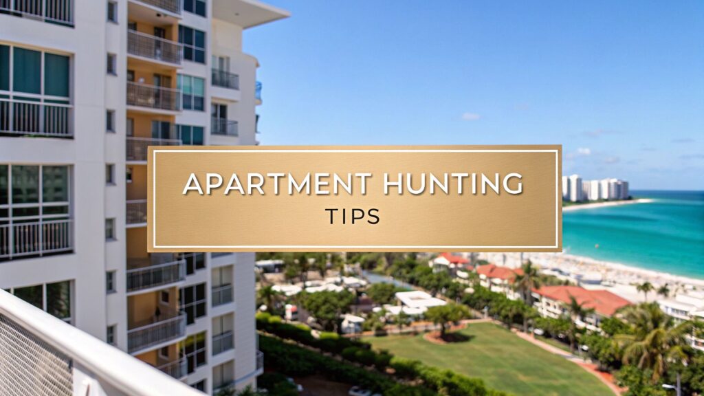 A coastal apartment building with balconies overlooks a beach and ocean. The text overlay reads "Apartment Hunting Tips." In the distance, more buildings, palm trees, and blue sky are visible.