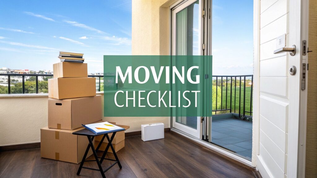 An open door leads to a balcony with a scenic view; inside, several cardboard boxes and books are stacked, with a checklist and pen on a small black table. Text overlay reads "MOVING CHECKLIST.