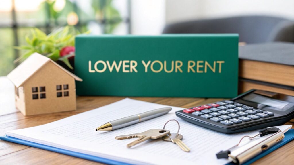 A small model house, pens, keys, a calculator, and documents rest on a desk. In the background, a green sign reads "LOWER YOUR RENT" in gold letters.