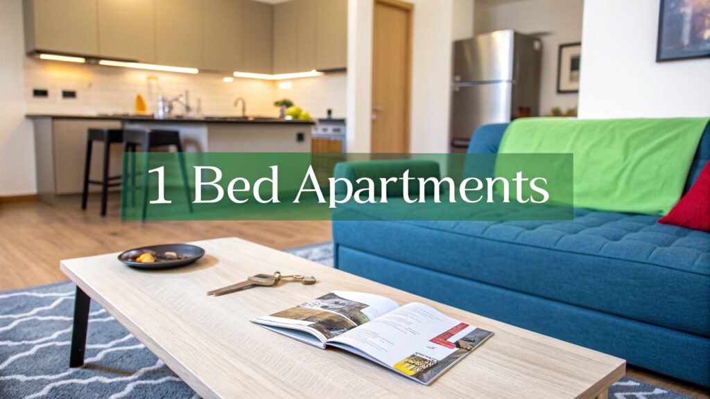 Modern one-bedroom apartment interior with a blue sofa, green throw, coffee table holding keys and a magazine, and a kitchen in the background. Text overlay says “1 Bed Apartments.”.