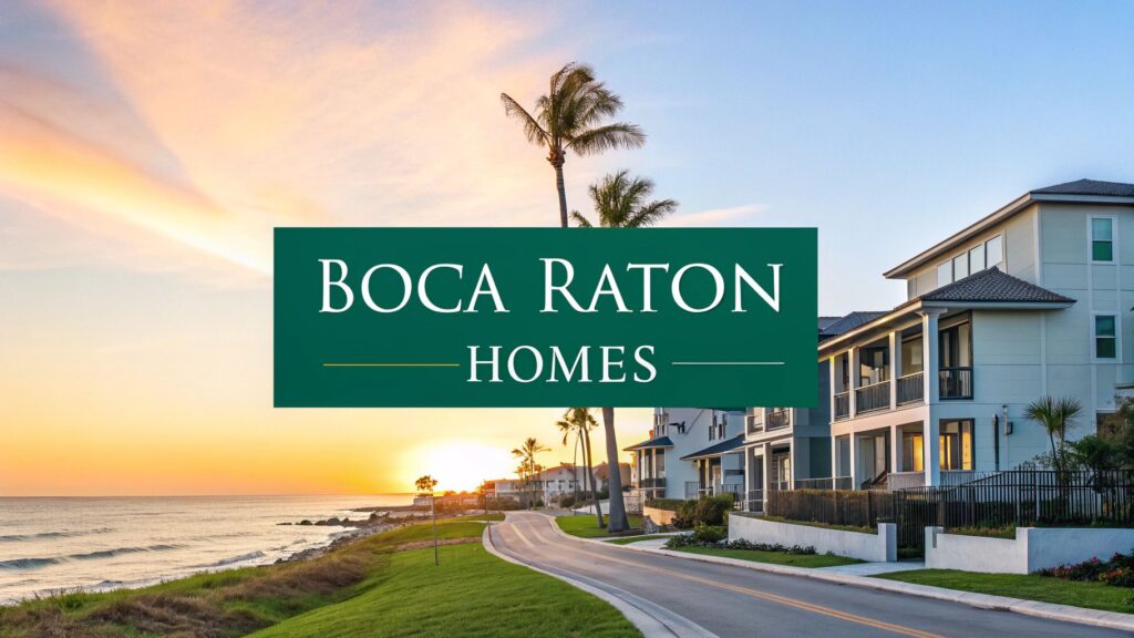 A scenic view of modern beachfront homes along a curving road at sunset, with palm trees and the ocean visible. Overlaid text reads “Boca Raton Homes.”.