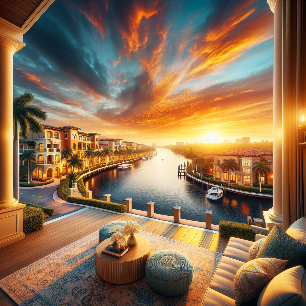 A luxurious waterfront terrace overlooks a tranquil canal lined with elegant buildings and palm trees at sunset, with boats on the water and vibrant clouds lighting up the sky. Cozy seating and decor add to the inviting scene.