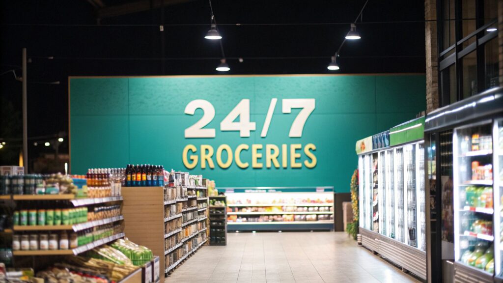 A brightly lit grocery store aisle at night, with shelves of food and refrigerators on the right, and a large sign on the back wall reading "24/7 GROCERIES" in bold white letters.
