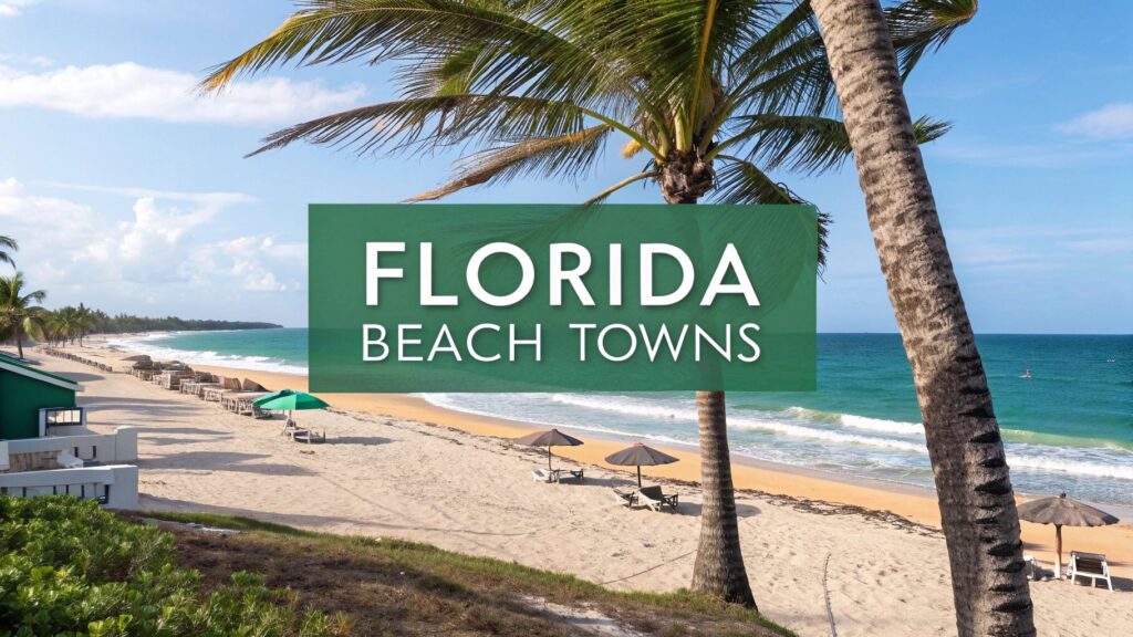 Sunny beach scene with palm trees, lounge chairs, umbrellas, and a few buildings by the shore. Text in the center reads “Florida Beach Towns.” Blue ocean and sky in the background.