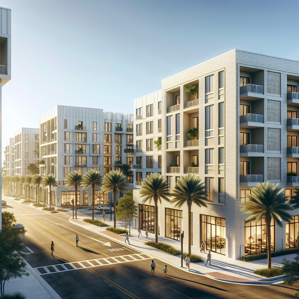 Modern apartment buildings line a sunny, palm tree-lined street with wide sidewalks, large windows, and balconies. Pedestrians walk along the crosswalks and storefronts at street level, creating a lively urban atmosphere.