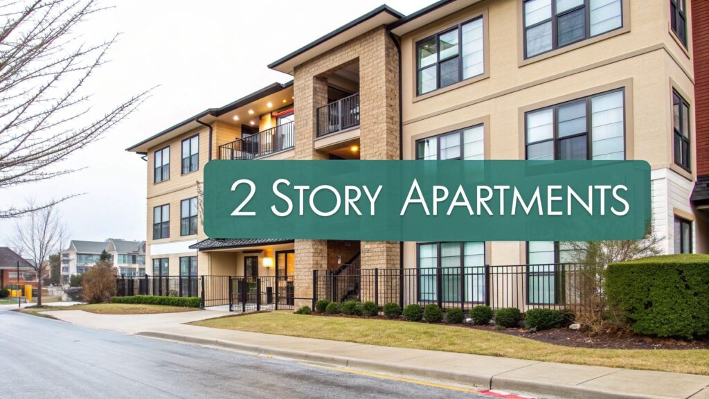 A modern, beige two-story apartment building with balconies and large windows. A green sign in the foreground reads "2 Story Apartments." Shrubs and a sidewalk line the front of the building.