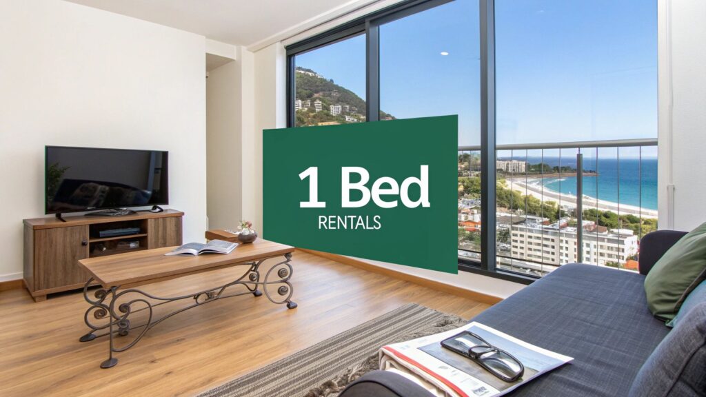 A modern living room with a wooden floor, TV, coffee table, and couch, featuring large windows overlooking the beach and ocean. A green sign reads "1 Bed Rentals.