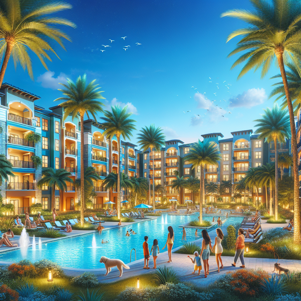 A vibrant resort scene at dusk features a large swimming pool surrounded by palm trees, families with children, people relaxing poolside, and multi-story buildings lit with warm lights in the background.